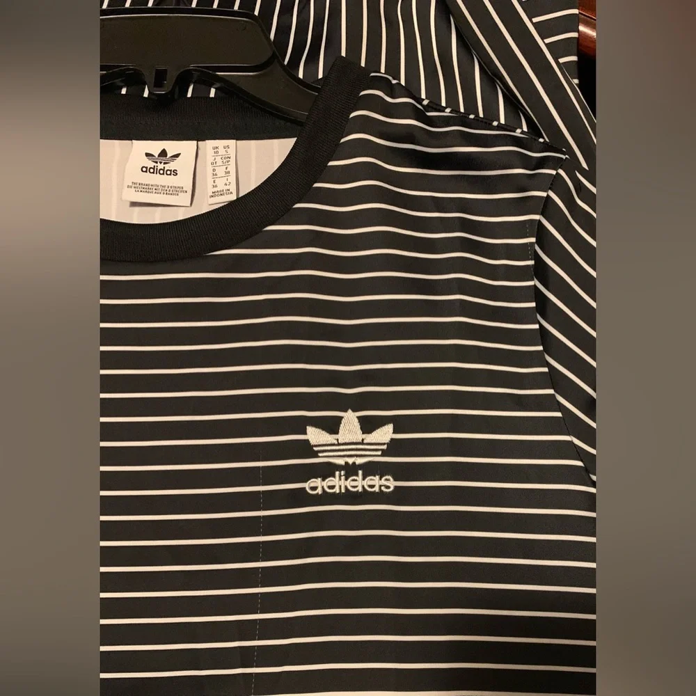 ✨⚡️💥Adidas Trefoil Originals Satin Black White Striped Tee Dress - Picture 7 of 15